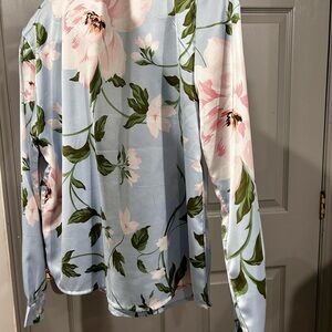 Suzy Shier Floral Blouse - Light Blue and Pink